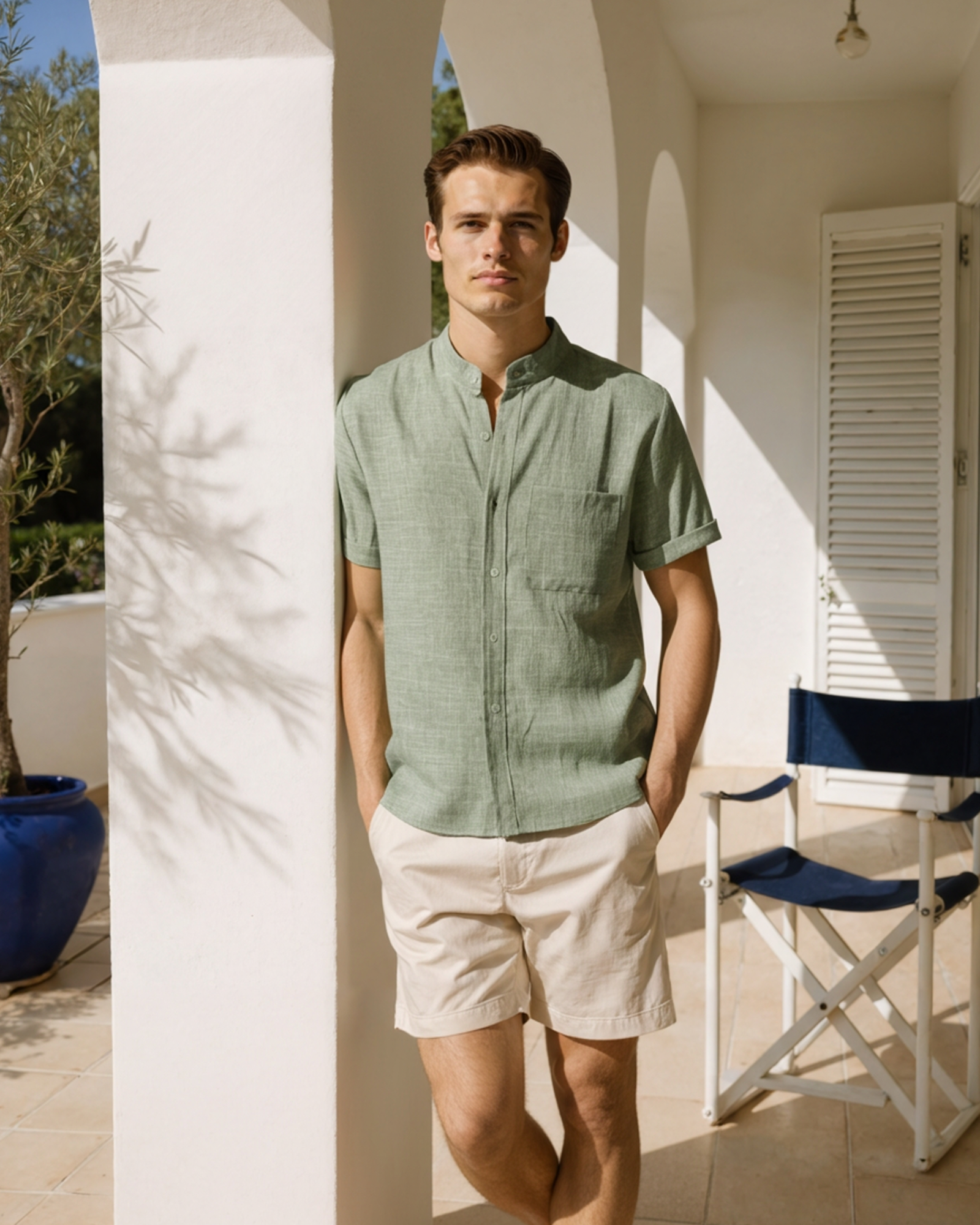 Mandarin Collar Short Sleeve Shirt